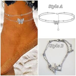 Silver Butterfly Tiered Anklet Rhinestone Beaded Layered Ankle Bracelet